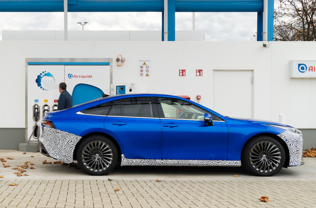 Toyota Mirai Hydrogen exterior side at hydrogen station