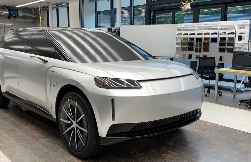 Dyson electric car, silver, in studio